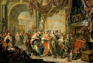 ""Cresus (596-546 avant JC) montre ses tresors a Solon (640-558 av. JC)"" - Krois ve Solon - Bakır üzerine yağlı boya, Johann Georg Platzer (1704-1761) - Devlet Sanat Galerisi, Dresden by Johann Georg Platzer