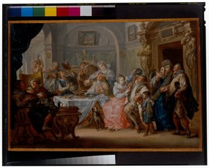 Maskeli balo kostüm ziyafetinde zarif figürlerin olduğu iç mekan by Johann Georg Platzer
