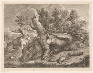 Domuz, geyik ve kuşlar ile av köpeği ve ganimet Av Çizmeleri (seri başlığı) by Johann Georg Wachsschlunger