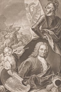 Arka planda bir savaş sahnesi olan ressam Georg Philipp Rugendas'ın büstü