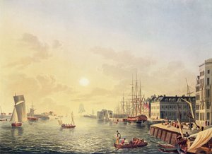 Liman ve liman manzarası, Le Havre, 19. yüzyılın başlarında (renkli gravür) by Johann Heinrich (after) Luttringshausen