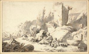 Klasik harabelerin yanında ailesi ve sığırlarıyla bir çoban by Johann Heinrich Roos