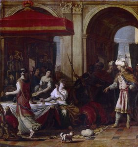 Ester'in Ziyafeti (Ester Bayramı). Pers kralı Assuerus'un karısı Esther (Hadassah bat Avihail) (Xerxes I, MÖ 519-465), krallığın Yahudilerinin vezir Haman tarafından yok edilmesi kararının ardından, iki adamı bir ziyafete davet etti.