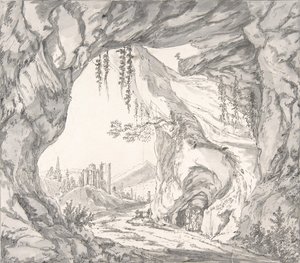 Bir Kale Harabeleri ve Mağarada Üç Adam ile Dağlık Manzara..., 18. yüzyılın sonu - 19. yüzyılın başı. by Johann Huber