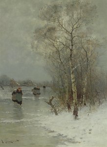 Donmuş Bir Nehirde Yürüyen Kızlar by Johann II Jungblut