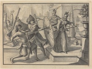 Pantaloon ve Doktor, Bahçede Columbine ve Brigatella ile Dövüşüyor by Johann Jacob Schubler