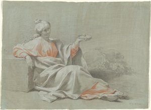 Bir kase ile genç kadın, açık havada oturmuş by Johann Justin Preissler