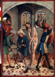 İsa'nın kırbaçlanması. Dikenli tacı yapan erkekler, diğerleri ise sütuna bağlı İsa'yı farklı kamçılarla kamçılıyor. Johann Koerbecke'nin (1415 ve 1491 yılları arasında), 1457'den önceki resmi. Ahşap üzerine tempera. alman sanatı