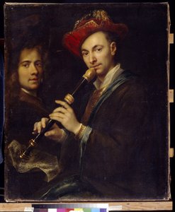 Flütçü (Flautist). Bir müzisyen ve bir komedyenin portreleri. Jan veya Johann Kupetzki tarafından boyama (Kupecky, Kupezky, Kupetzky, Kupecki, Kopecki