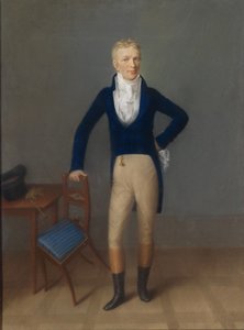 Bir sandalyenin arkasına yaslanmış, kostüm giymiş sarı saçlı bir beyefendinin tam boy portresi by Johann Lorenz Kreul