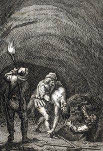 Hollandalı William II'nin ölümü, onu gizlice bir evin zemininin altına gömen Frizyalılar tarafından öldürüldü. Gravür Johann Michael Mettenleiter (1765-1853) 1800 Özel koleksiyon