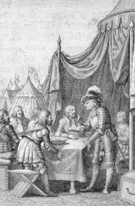 Baviere İmparatoru IV. Louis (1282-1347) subaylarıyla birlikte 28 Eylül 1322'de Muhldorf Savaşı'nda (veya Ampfing) (IV. Louis, Ampfing Heath'te 28 Eylül 1322'de Muhldorf Savaşı'nda Kutsal Roma İmparatoru) Gravür Johann Michael Mettenlei