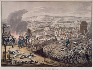 Jena Savaşı, arka planda Klein-Romstedt, Hermstedt ve Stobra köyleri (aquatint)