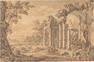 Kadim Harabeler Arasında Bir Ressamla Manzara by Johann Oswald Harms