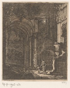 İki figür antik kalıntıları bir meşale ile aydınlatıyor Antik kalıntılar ve binalar (dizi başlığı) Alcune Inventione de Ruini et Architectura (...) (dizi başlığı) by Johann Oswald Harms