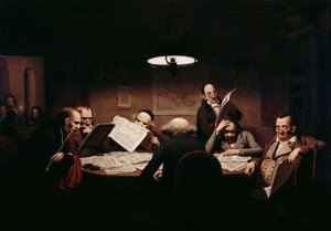 ""Okuma Odası"" Loş bir masanın etrafındaki adamlar basını okuyor - Johann Peter Hasenclever (1810-1853) tarafından yapılan tablo 1843 Staatliche Museen, Berlin