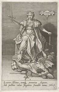 Adalet (Justitia) Şiddeti Aşar (Violentia) Adalet (nesne üzerindeki başlık) Erdemler kötülükleri yener (dizi başlığı) by Johann Sadeler (I)