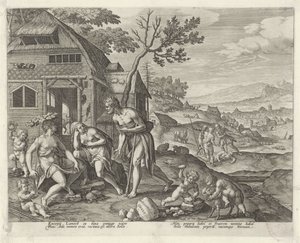 Lemek ve iki karısı Boni et mali scientia (dizi adı) by Johann Sadeler (I)