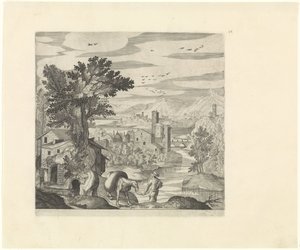 Bir çiftçi ve eşeği ile manzara İtalyan manzaraları (dizi başlığı) by Johann Sadeler (I)