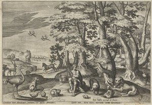 Orpheus, hayvanlar için müzik yapıyor Mitolojik sahneleri olan manzaralar (dizi adı) by Johann Sadeler (I)