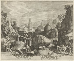 Eşek ve yaban domuzu masalı ile kayalık manzara Bir manzaradaki amblemler (seri başlığı) by Johann Sadeler (I)