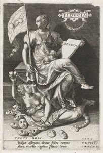 Güven (Fiducia), Gizli Aldatmacanın (Tecti doli) üstesinden gelir Fidvcia (nesne üzerindeki başlık) Erdemler kötülükleri yener (dizi başlığı) by Johann Sadeler (I)