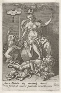 Haysiyet (Majestas) Tiranlığı (Tyrannis) yener Maiestas (nesne üzerindeki başlık) Erdemler kötülükleri yener (dizi başlığı) by Johann Sadeler (I)