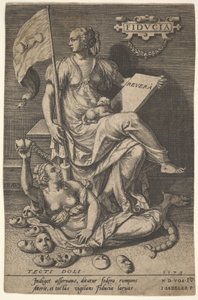 Fiducia, oturan bir kadın, bir kitap ve bir pankart tutarken başını çıplak bir brülden çevirirken..., 1579.