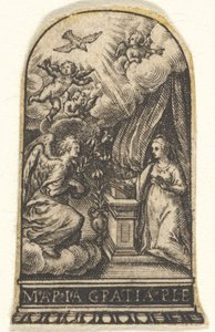 Müjde, Gabriel bir bulutun üzerine yaklaşırken Mary bir kürsüde diz çöker ..., yaklaşık. 1580-1600.