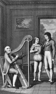 Harpçı, Mignon ve Wilhelm, Johann Wolfgang von Goethe'nin (1749-1832) romanı Wilhelm Meister's Apprenticeship'in resimli ön yüzü, 1802'de yayınlanan baskıdan gravür