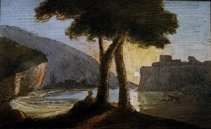Roma kalıntıları üzerinde gün batımı. Johann Wolfgang Von Goethe (1749-1832) tarafından suluboya. 19. yüzyılın başı