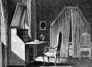 Werther'in odası, Daniel Chodowiecki'nin (1726-1801) çizimi, Johann Wolfgang von Goethe'nin (1749-1832) yazdığı The Sorrows of Young Werther'den esinlenen gravür