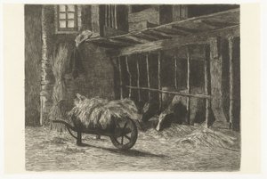 İnekler ve samanlı el arabası ile ahırın içi by Johanna Henriëtte Besier