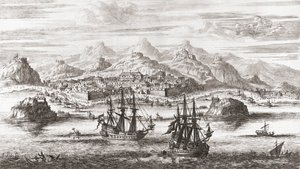 17. yüzyılda Maskat, Umman önünde Hollanda gemileri (baskı) by Johannes (after) Kip