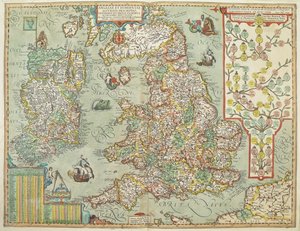 1606 yılında çizilmiş İngiltere ve İrlanda haritası (renkli gravür) by Johannes Baptista Vrints