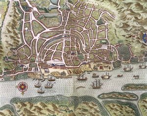 Şehir ve Portekiz Goa Limanı Haritası, Hindistan, liman ve ticari nakliye detayları, 1595 110750 gravür detayı