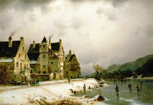 Bir Köyün Yanında Buz Üzerinde Paten Yapan Figürlerin Olduğu Bir Kış Nehir Manzarası (tuval üzerine yağlı boya) by Johannes Bartolomaus Duntze