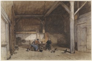 Bir masada iki erkek ve bir kadınla çiftçinin iç mekanı, ayrıca bazı tavuklar ve kediler by Johannes Bosboom