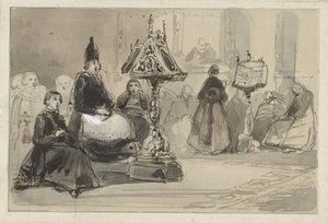 Şarkı söyleyen piskopos ve rahibeler ile kilise iç by Johannes Bosboom