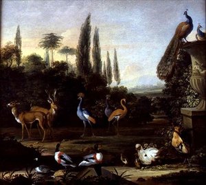 Geyik ve Egzotik Kuşlarla Bir Park Manzarası, c.1710 (tuval üzerine yağlı boya) by Johannes Bronckhorst