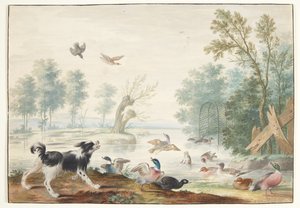Göl kenarında bir köpek ve ördekler by Johannes Bronckhorst