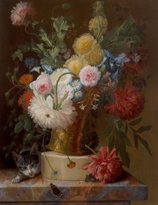 Bir Kedi ile Bir Kenarda Çiçeklerin Natürmort by Johannes Hendrick Fredriks