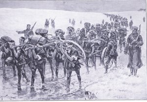 Japonlar yürüyüşte. Sürü midillilerinin yerine erkekler, Cassells Tarihi Rus-Japon Savaşı Cilt 1, c.1900