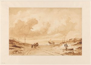 Kum tepeleri arasında denize giden yol ile manzara by Johannes Hermanus Barend Koekkoek