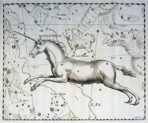 Tekboynuz, Tek Boynuzlu At takımyıldızı, göksel atlas Firmamentum Sobiescianum sive Uronographia'dan gravür, Johann Hevelius (1611-1687), Gdansk