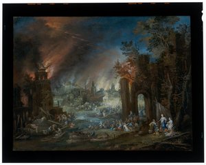 Lût ve Kızları ile Arka Planda Yanan Sodomun Bulunduğu Manzara by Johannes Jakob Hartmann
