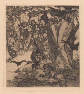İnsanlar, kargalar ve satir ile ormanlık manzara by Johannes Josephus Aarts