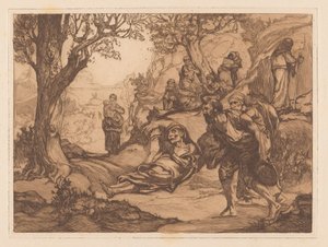 Tepelik bir manzarada erkekler, kadınlar ve çocuklar by Johannes Josephus Aarts