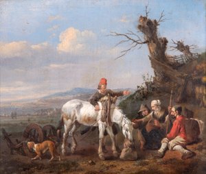 Dinlenen Gezginlerle Manzara (meşe panel üzerine yağlı boya) by Johannes Lingelbach