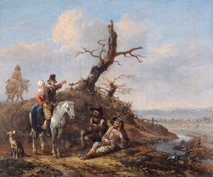 Dinlenen Gezginler ve At Sırtında Çift ile Manzara (meşe panel üzerine yağlıboya) by Johannes Lingelbach